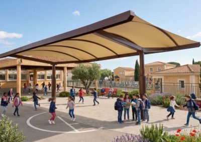 Enfants qui jouent sous le préau de l'école dont la toile tendue est de couleur ivoire.